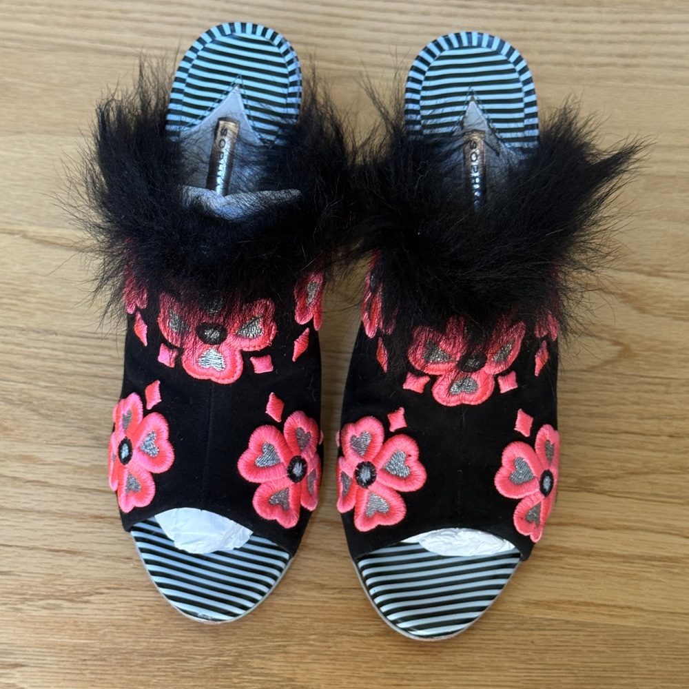 Sophia Webster Floral Embroidered Black Mules with Pink Accents